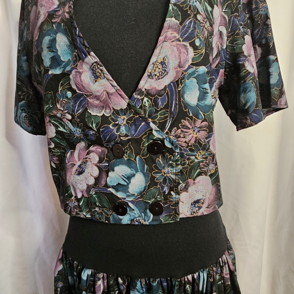Vintage 80s Glenfrey Fashions Purple Floral Mini Dress 2‎ Piece Look Sz 7/8 - Picture 6 of 7
